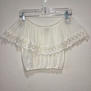 Forever 21 Elegant White Off-Shoulder Lace Trim Top